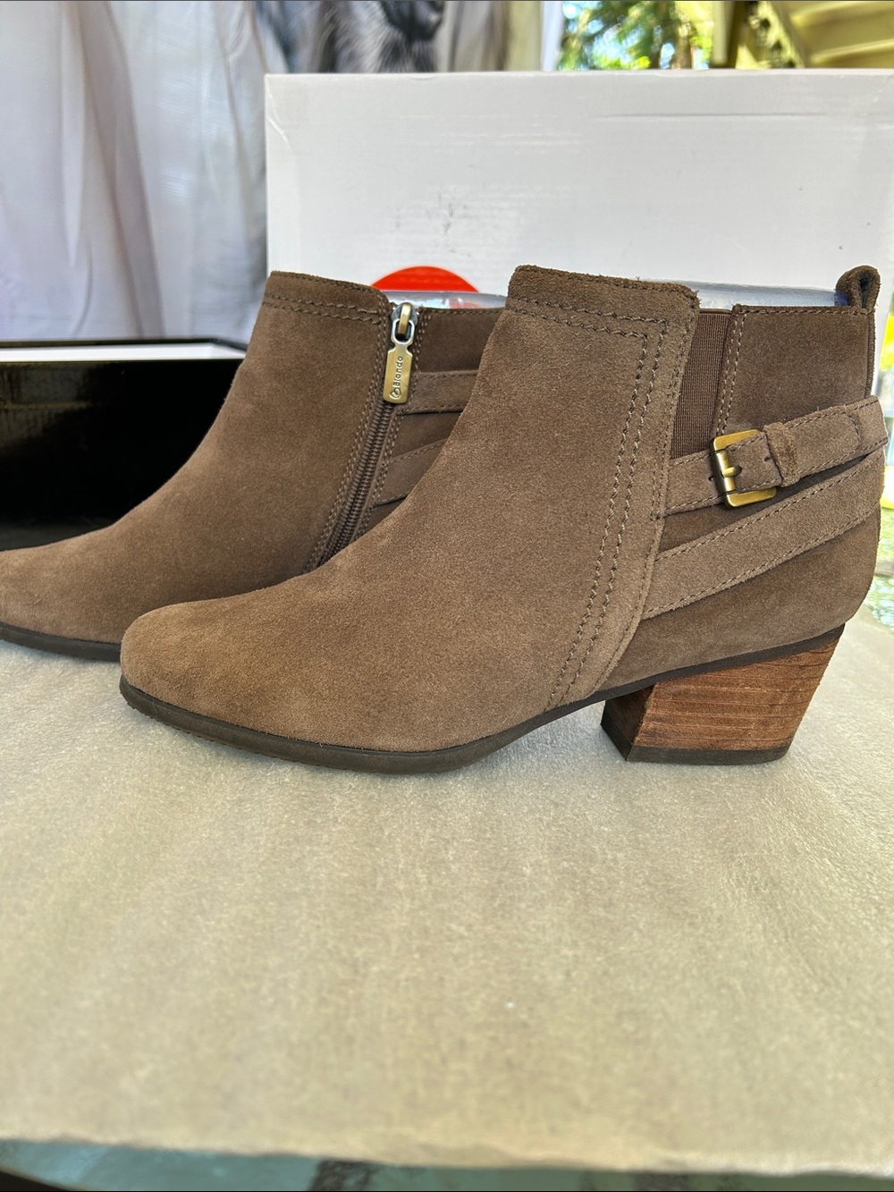 Blondo Taupe Suede Ankle Boots with Buckle Strap